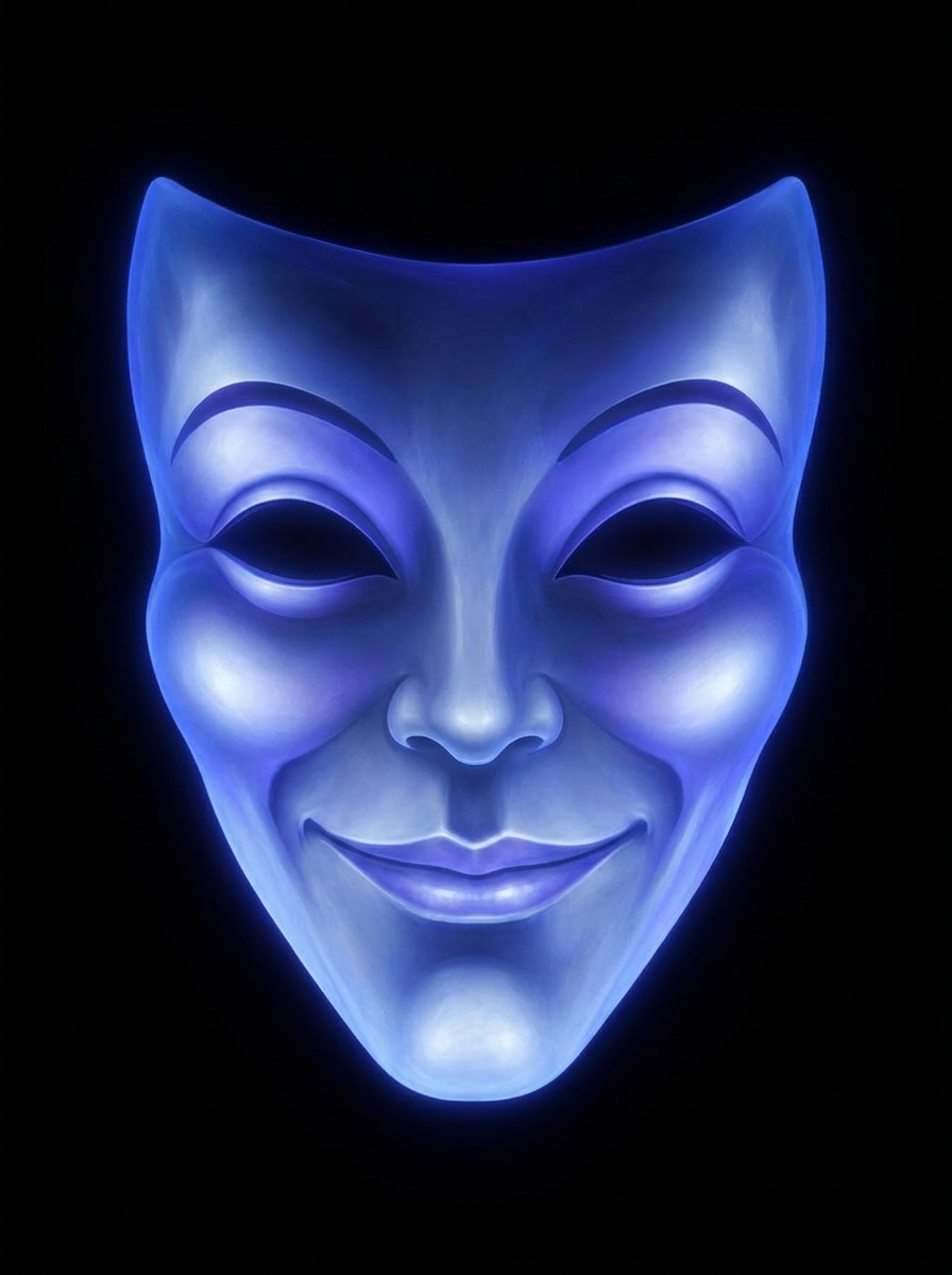 A glowing blue mask in the dark